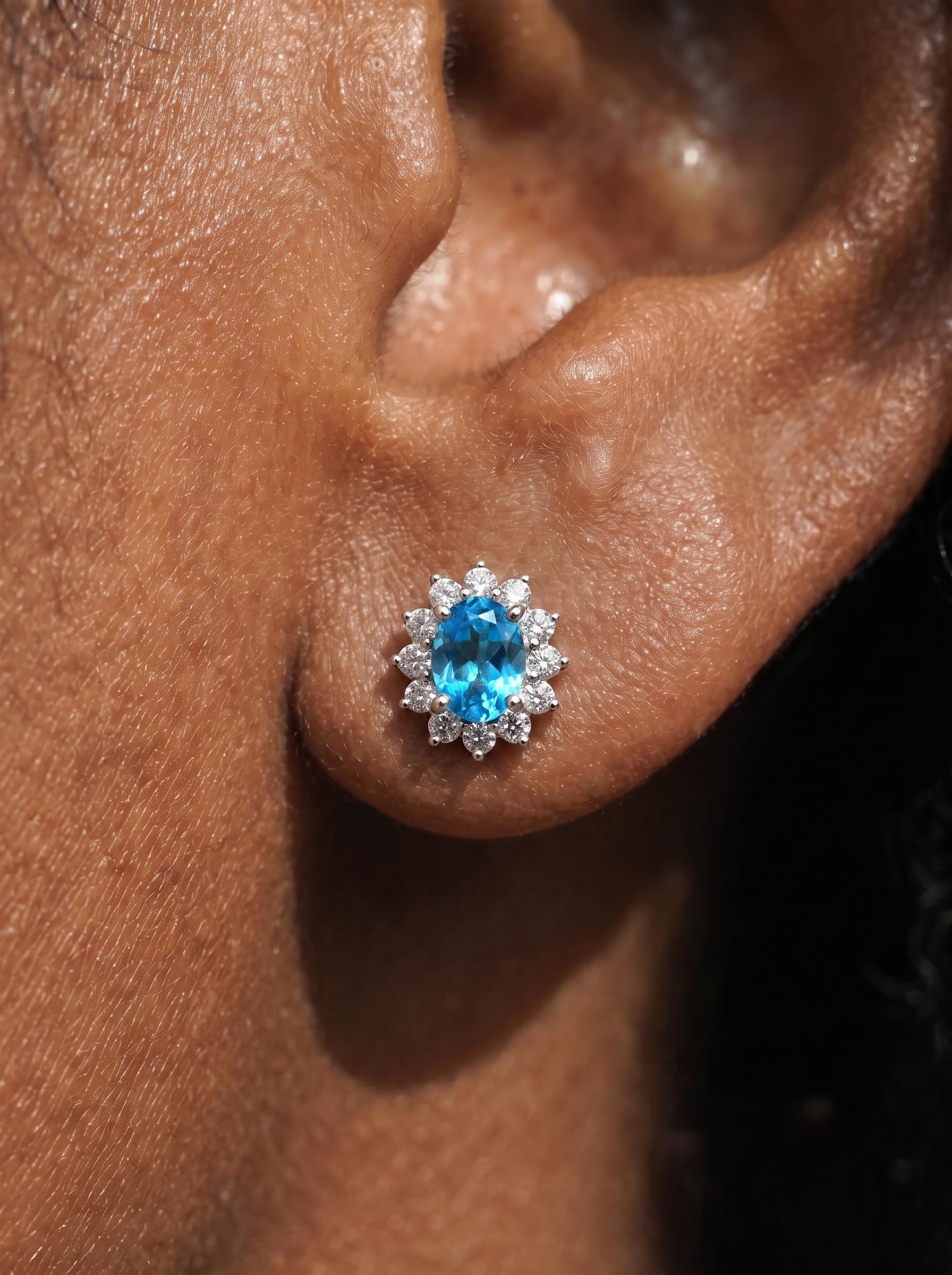 Dainty Blue Topaz Halo Stud Earrings | Floral December Birthstone Gift for Her | Elegant Everyday Jewelry