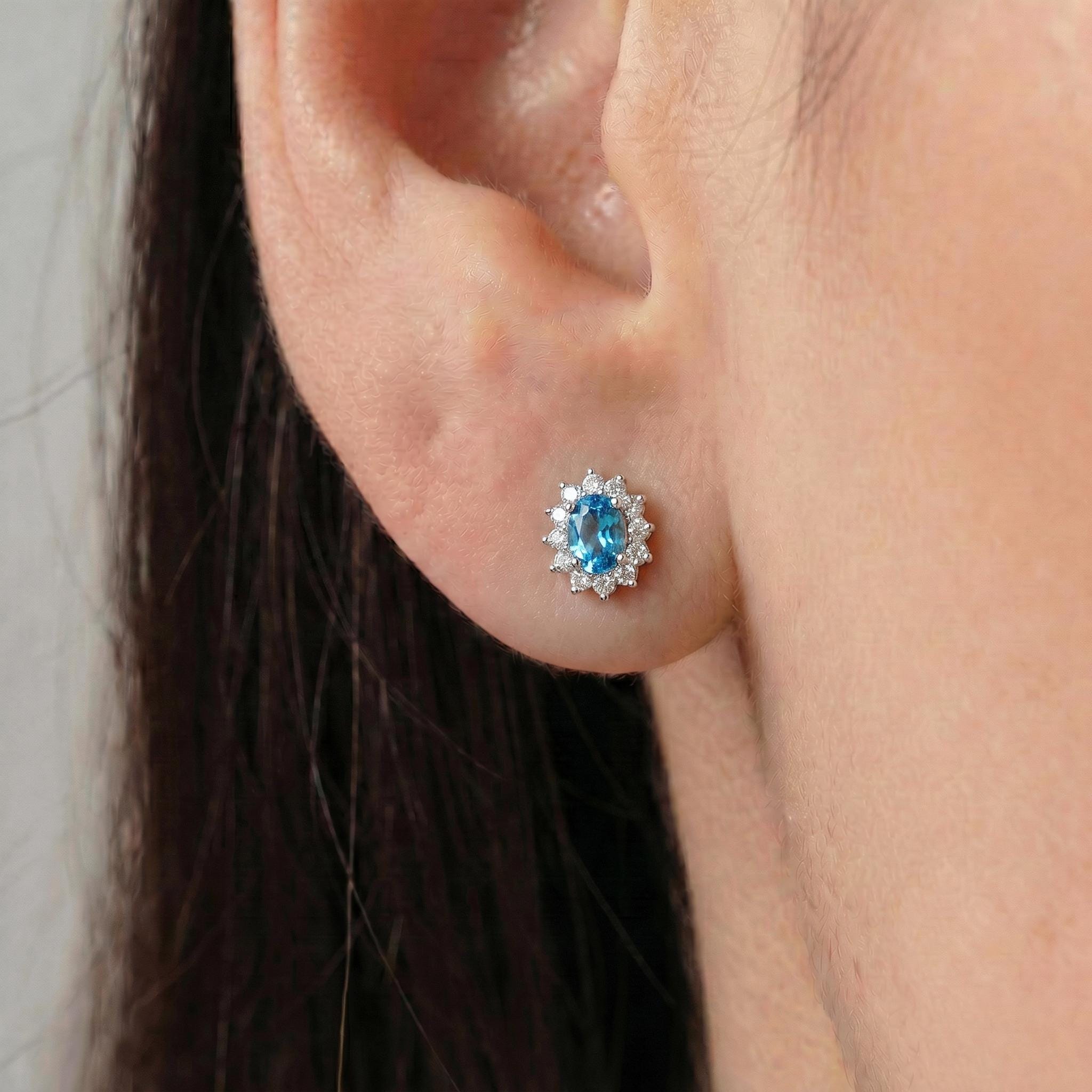 Dainty Blue Topaz Halo Stud Earrings | Floral December Birthstone Gift for Her | Elegant Everyday Jewelry