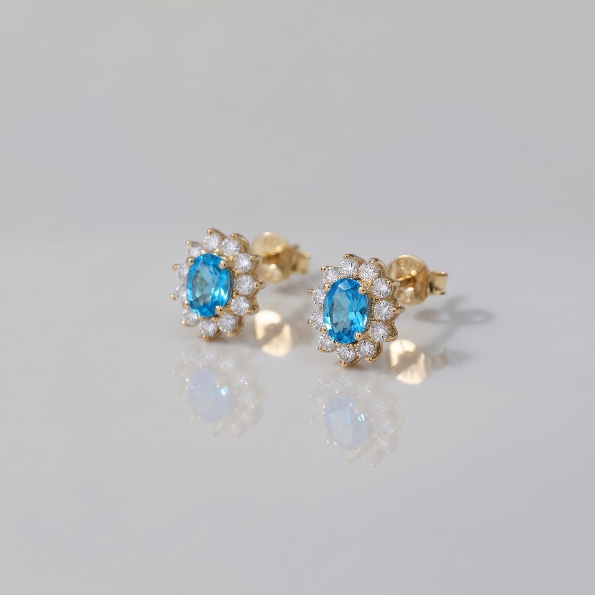 Dainty Blue Topaz Halo Stud Earrings | Floral December Birthstone Gift for Her | Elegant Everyday Jewelry