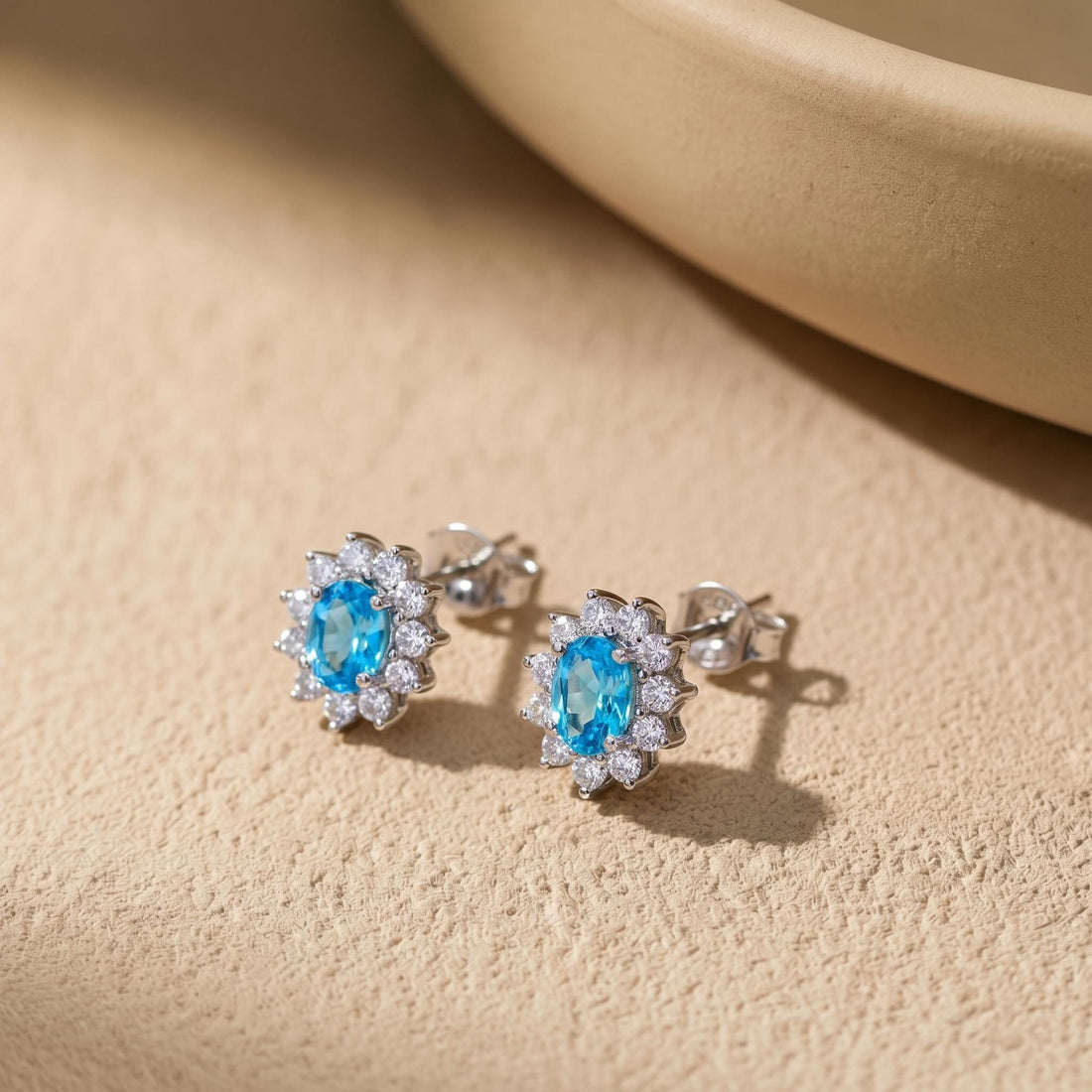 Dainty Blue Topaz Halo Stud Earrings | Floral December Birthstone Gift for Her | Elegant Everyday Jewelry