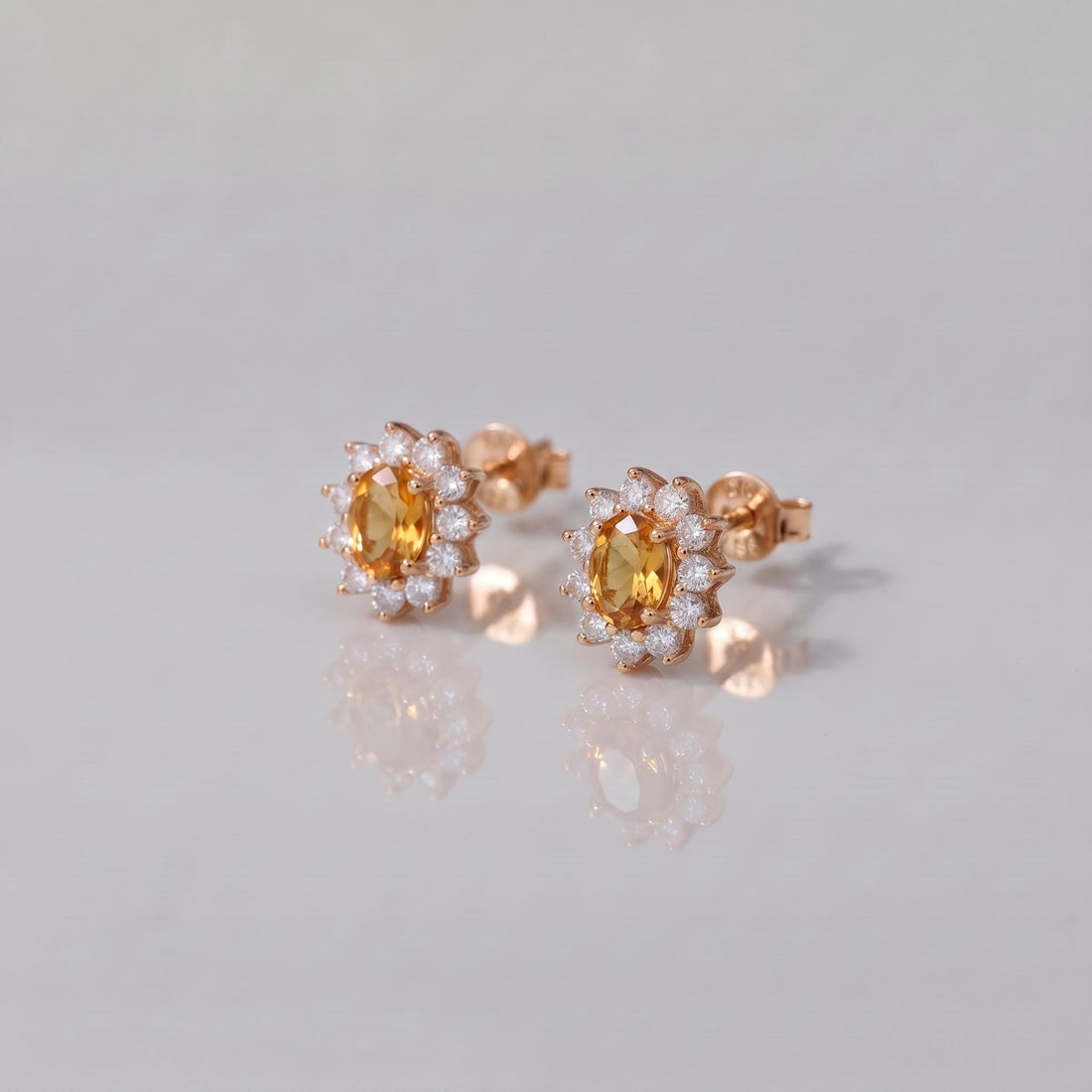 Citrine Stud Earrings, CZ Halo Earrings, Oval Yellow Gemstone Studs, November Birthstone Jewelry