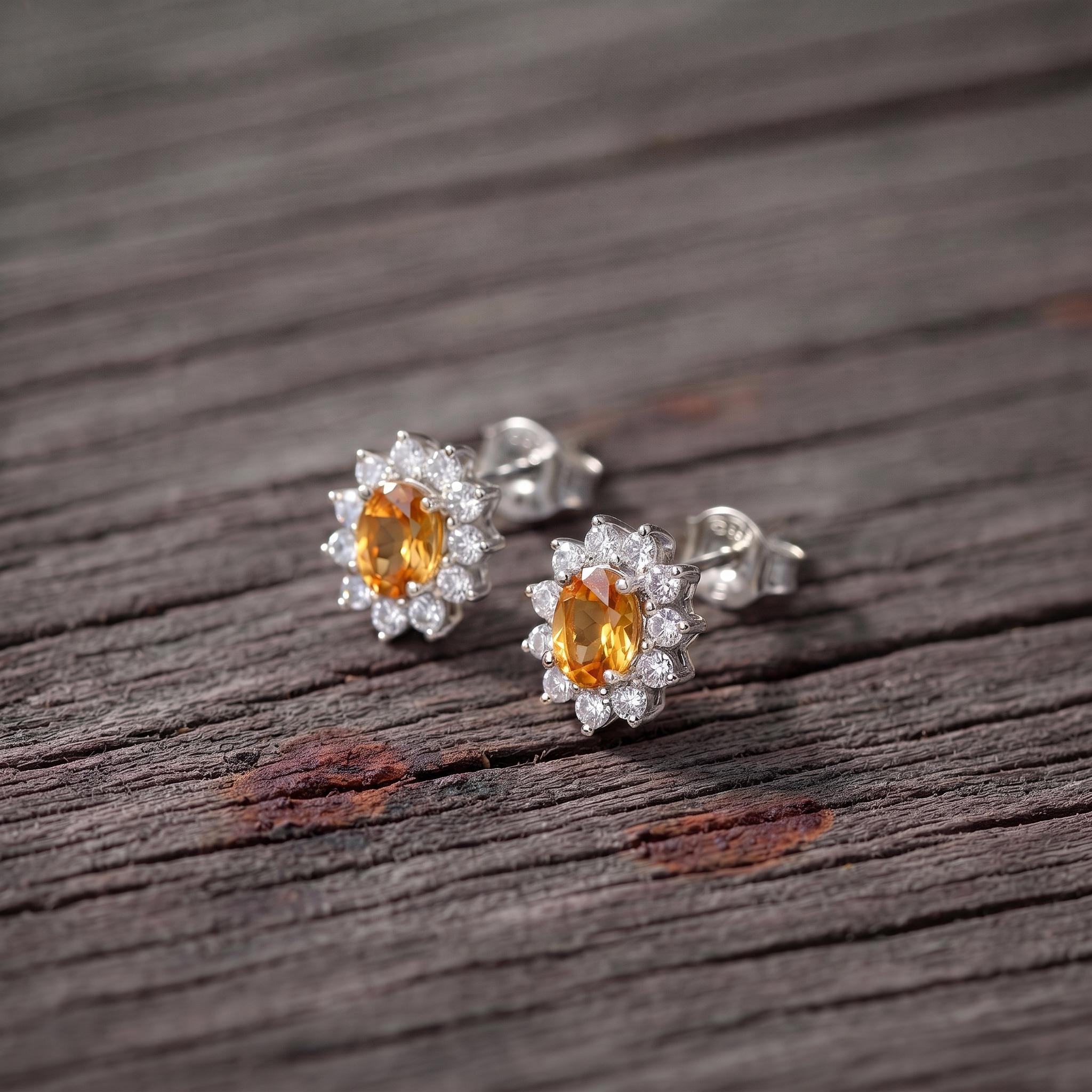 Citrine Stud Earrings, CZ Halo Earrings, Oval Yellow Gemstone Studs, November Birthstone Jewelry