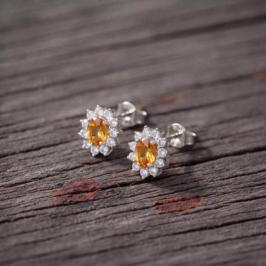 Citrine Stud Earrings, CZ Halo Earrings, Oval Yellow Gemstone Studs, November Birthstone Jewelry