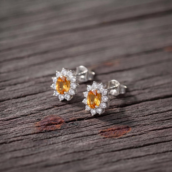 Citrine Stud Earrings, CZ Halo Earrings, Oval Yellow Gemstone Studs, November Birthstone Jewelry