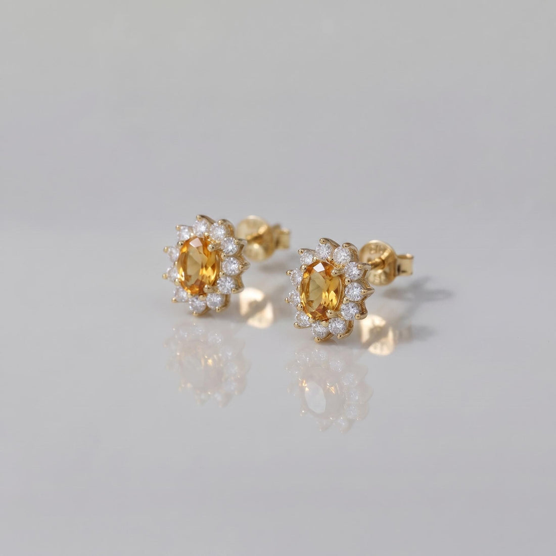 Citrine Stud Earrings, CZ Halo Earrings, Oval Yellow Gemstone Studs, November Birthstone Jewelry