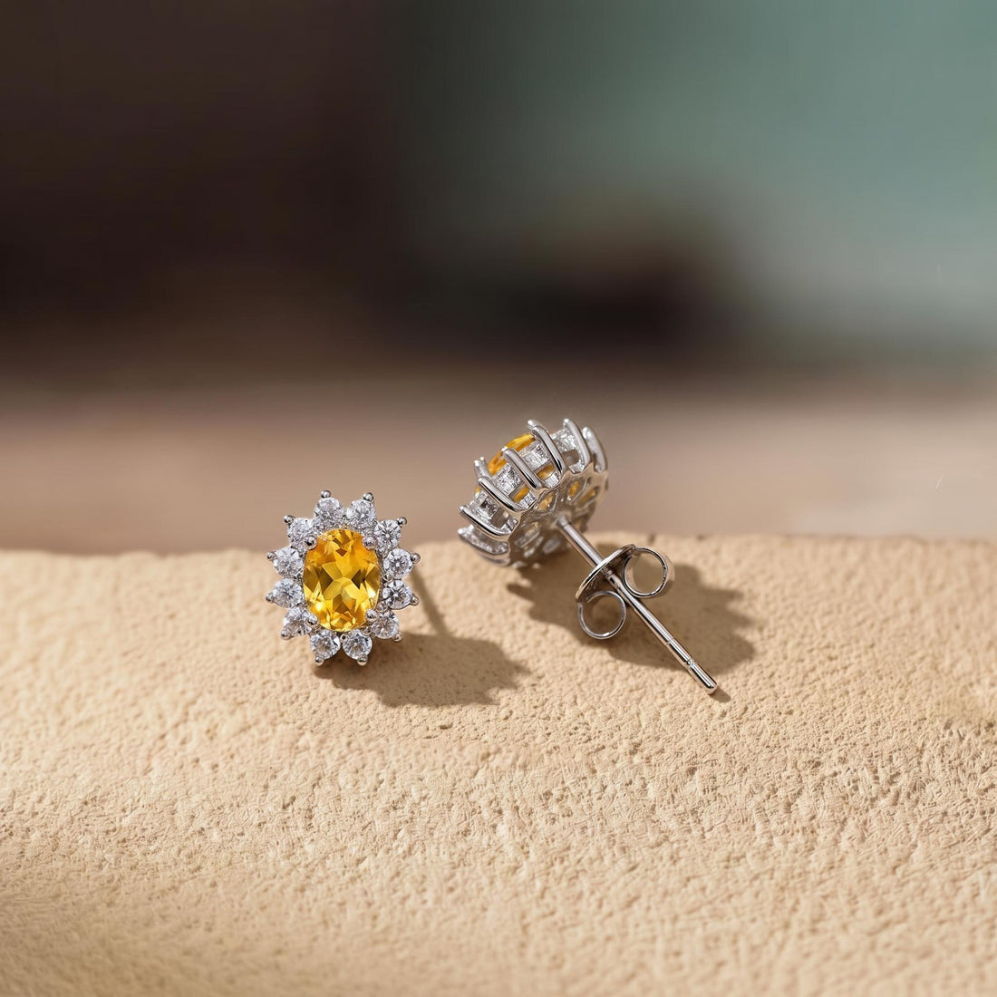 Citrine Stud Earrings, CZ Halo Earrings, Oval Yellow Gemstone Studs, November Birthstone Jewelry