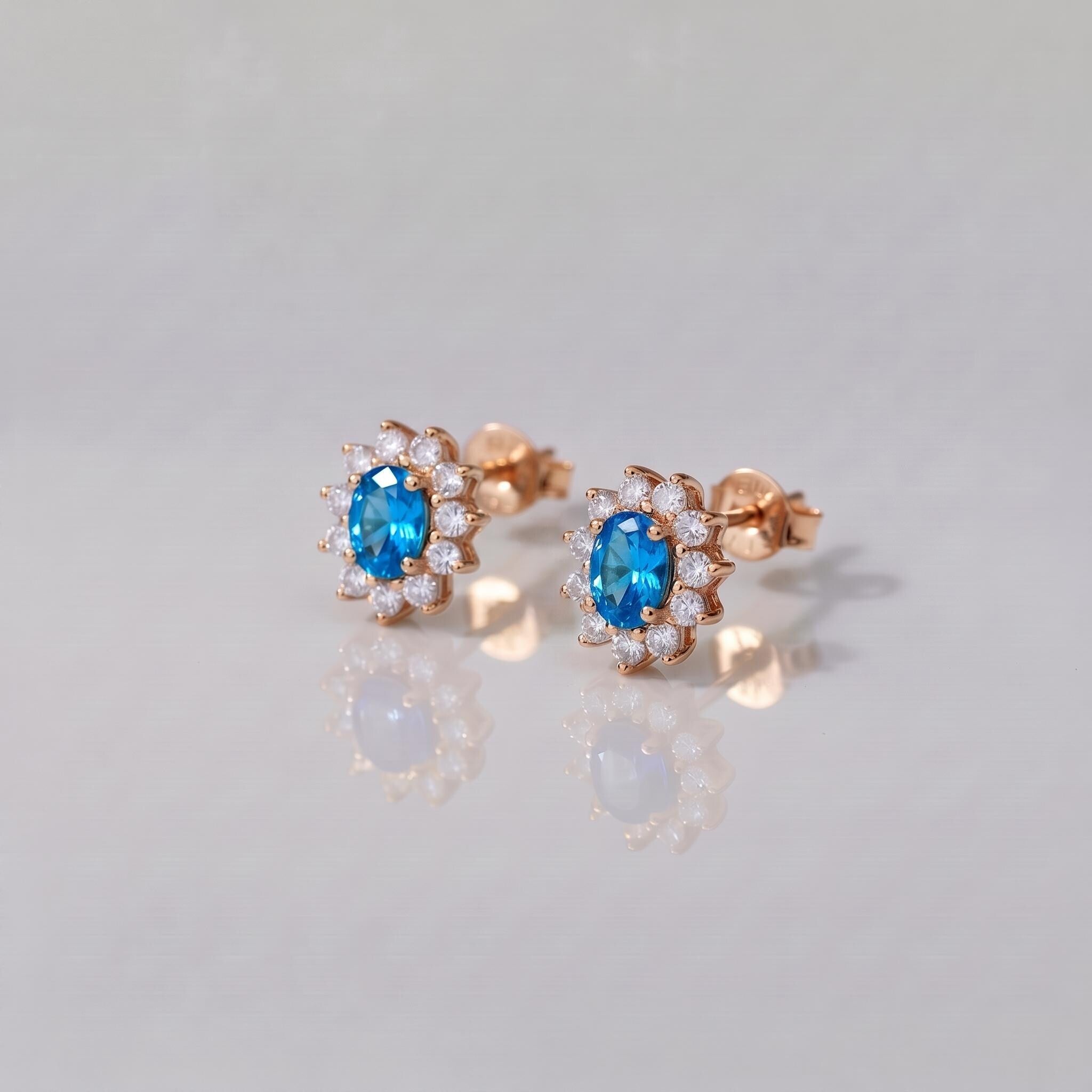 Blue Zircon Stud Earrings, CZ Halo Earrings, Oval Blue Gemstone Studs, December Birthstone Jewelry