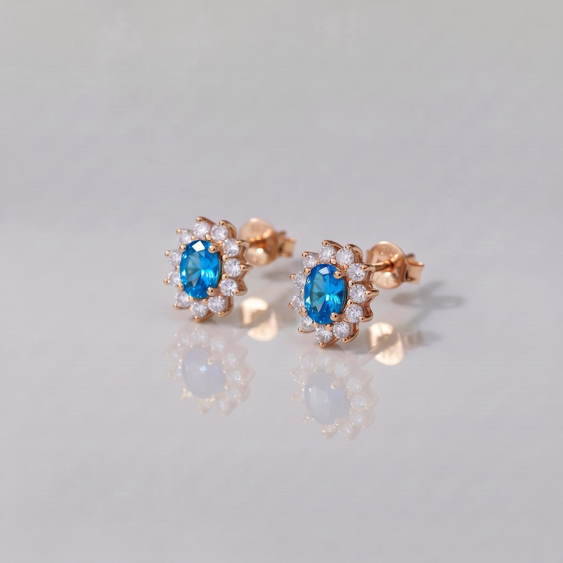 Blue Zircon Stud Earrings, CZ Halo Earrings, Oval Blue Gemstone Studs, December Birthstone Jewelry