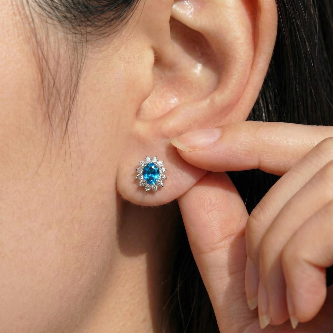Blue Zircon Stud Earrings, CZ Halo Earrings, Oval Blue Gemstone Studs, December Birthstone Jewelry