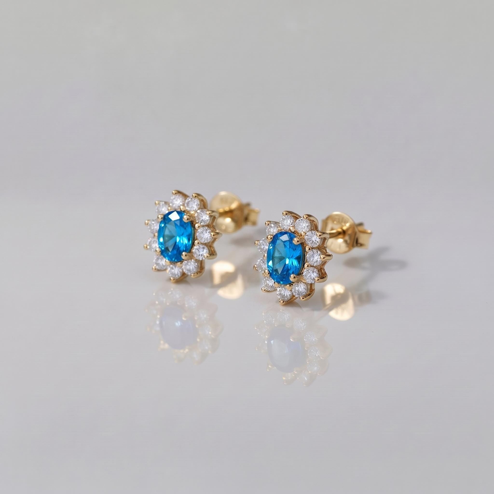 Blue Zircon Stud Earrings, CZ Halo Earrings, Oval Blue Gemstone Studs, December Birthstone Jewelry