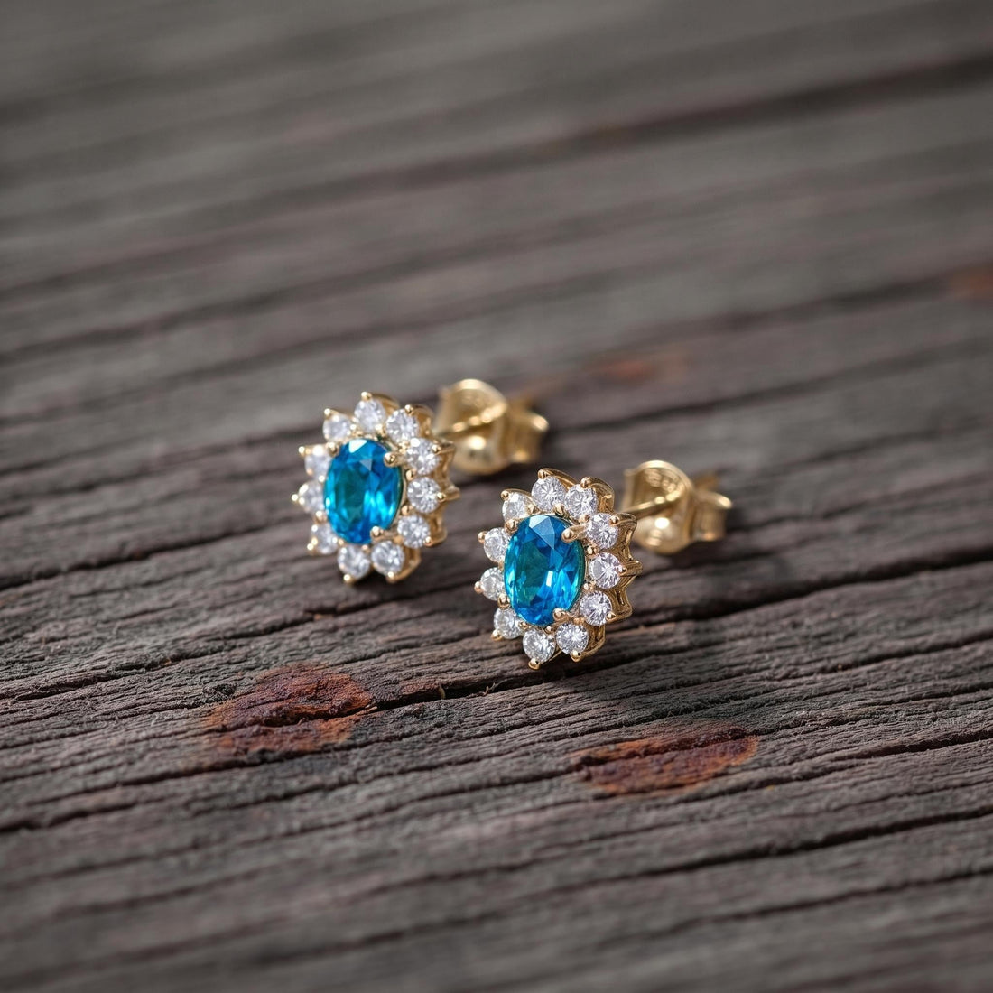Blue Zircon Stud Earrings, CZ Halo Earrings, Oval Blue Gemstone Studs, December Birthstone Jewelry