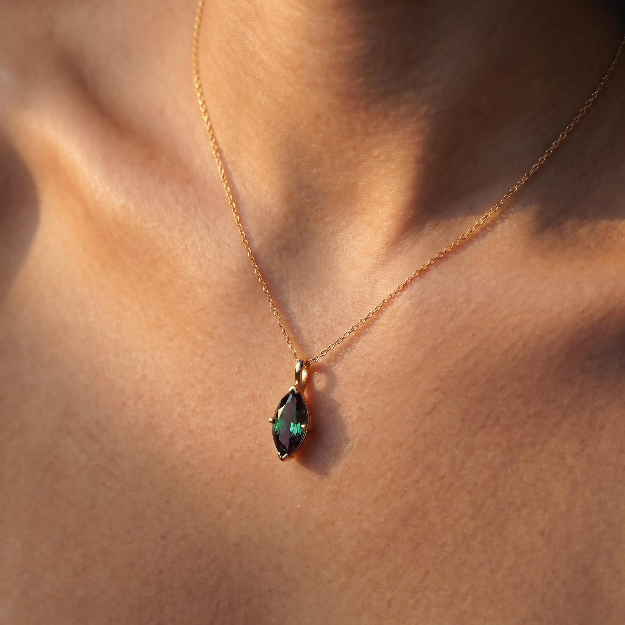 Marquise Alexandrite Necklace | June Birthstone Gift | 14K Gold Color Change Gemstone Pendant | Dainty Unique Gift for Her