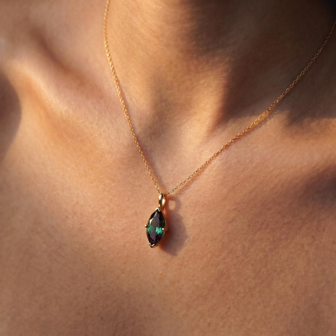 Marquise Alexandrite Necklace | June Birthstone Gift | 14K Gold Color Change Gemstone Pendant | Dainty Unique Gift for Her