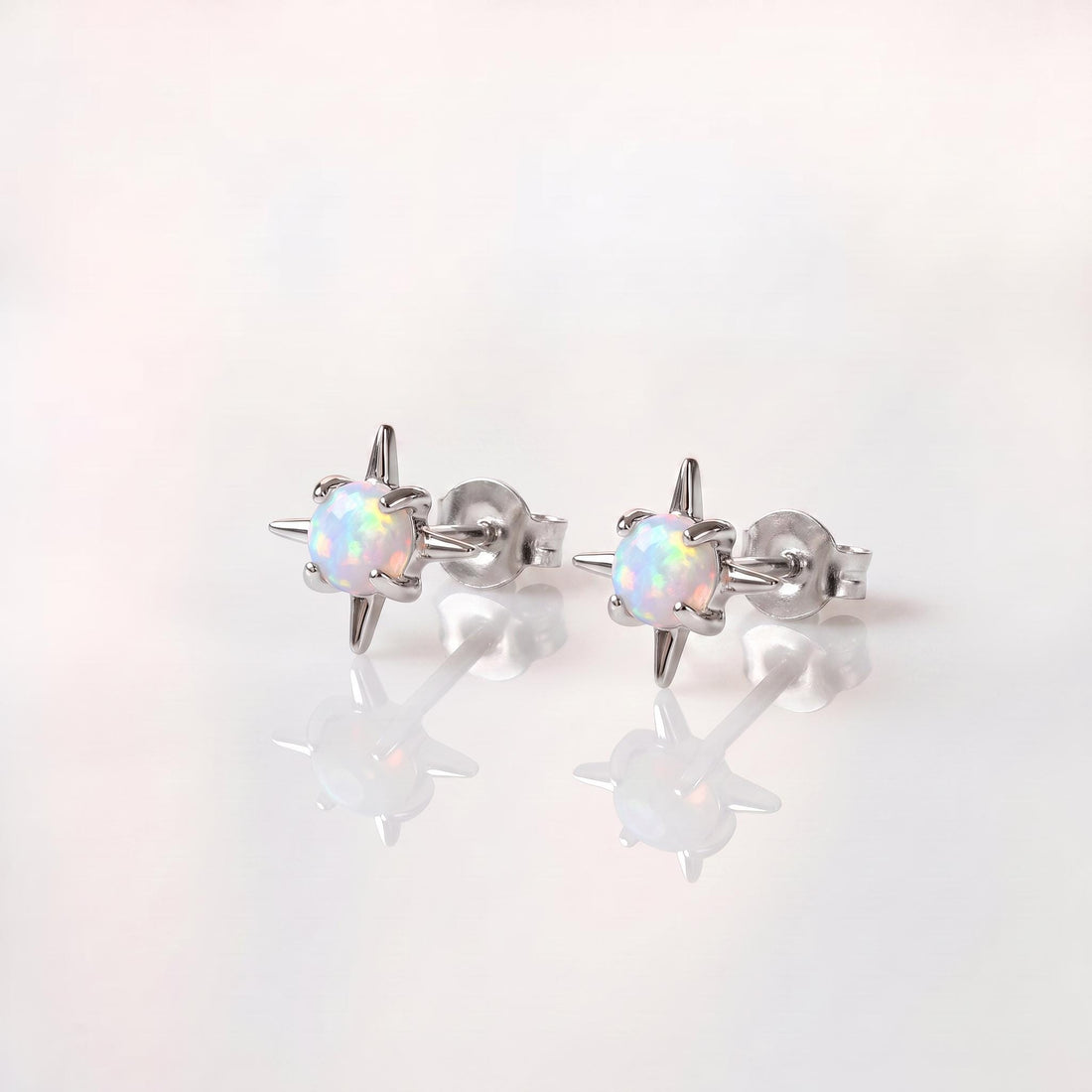 Opal Starburst Stud Earrings Sterling Silver | Celestial Compass Opalite Studs | October Birthstone Everyday Earrings Gift for Her