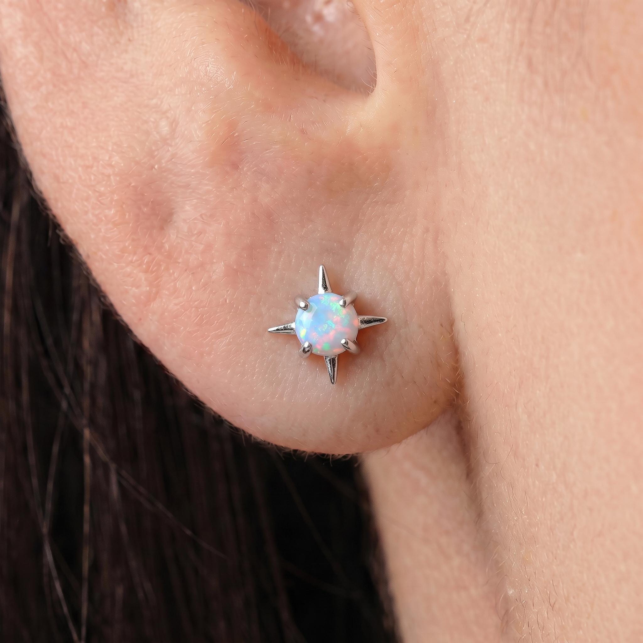Opal Starburst Stud Earrings Sterling Silver | Celestial Compass Opalite Studs | October Birthstone Everyday Earrings Gift for Her