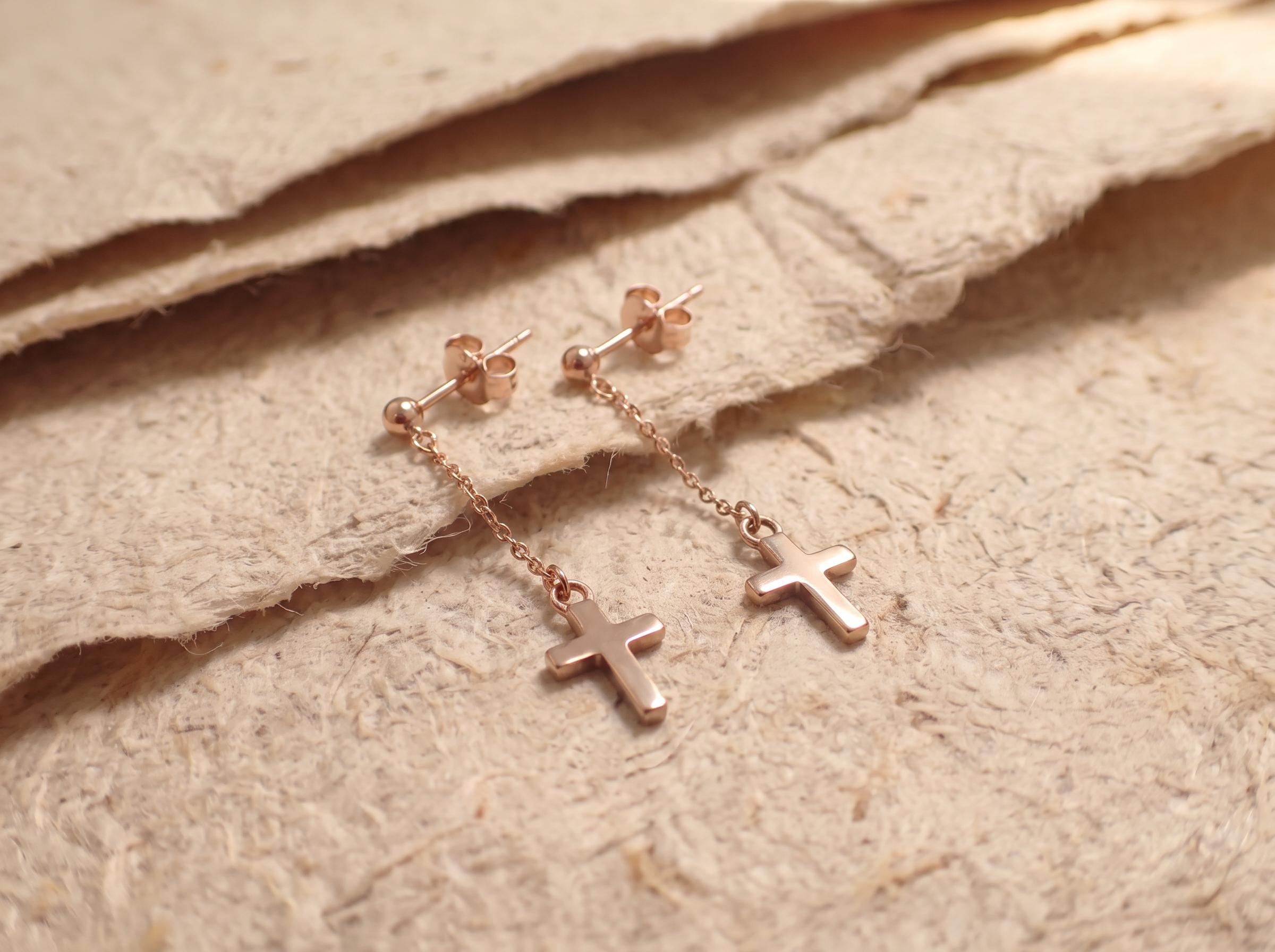 Minimalist Cross Dangle Earrings | Gothic Punk Chain Drop | Spiritual Religious Jewelry | Unisex Stainless Steel Gift
