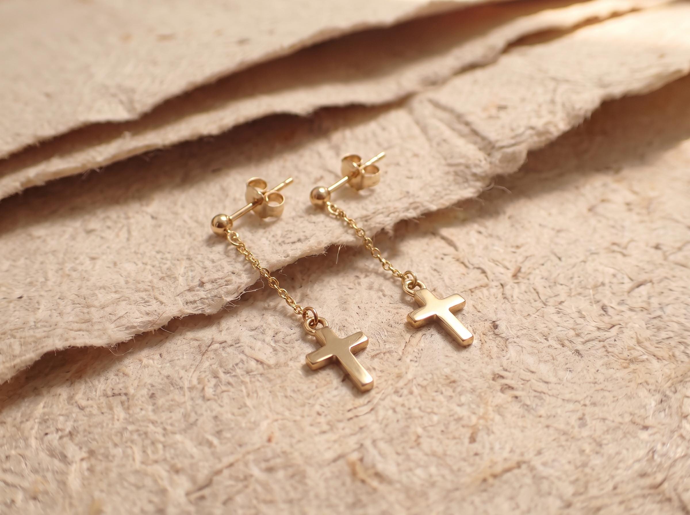 Minimalist Cross Dangle Earrings | Gothic Punk Chain Drop | Spiritual Religious Jewelry | Unisex Stainless Steel Gift
