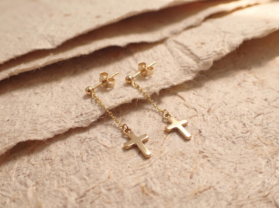 Minimalist Cross Dangle Earrings | Gothic Punk Chain Drop | Spiritual Religious Jewelry | Unisex Stainless Steel Gift