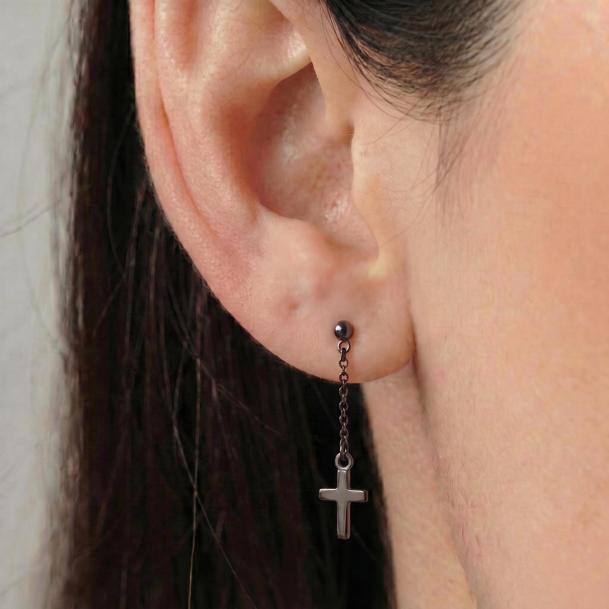 Minimalist Cross Dangle Earrings | Gothic Punk Chain Drop | Spiritual Religious Jewelry | Unisex Stainless Steel Gift