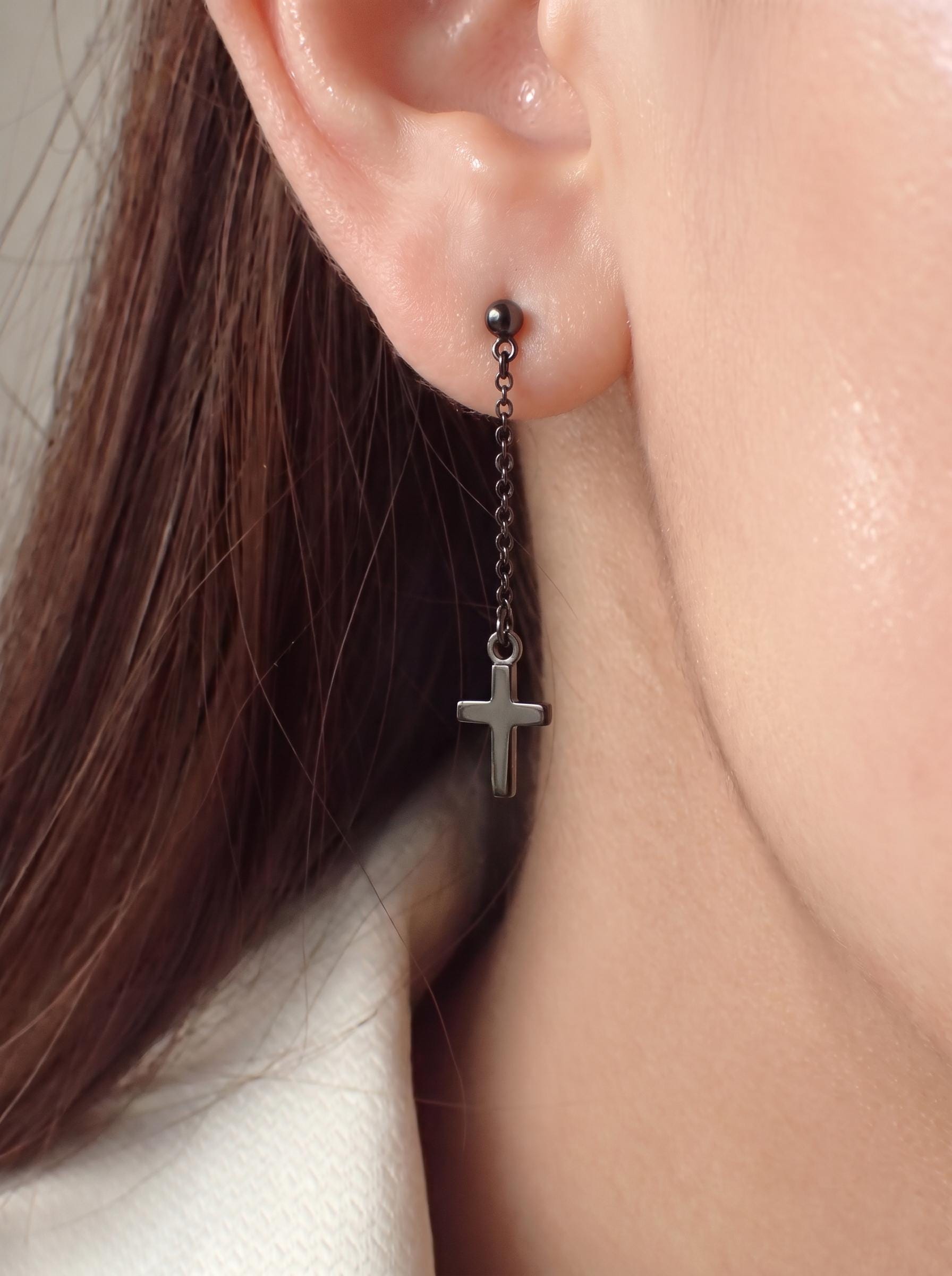 Minimalist Cross Dangle Earrings | Gothic Punk Chain Drop | Spiritual Religious Jewelry | Unisex Stainless Steel Gift