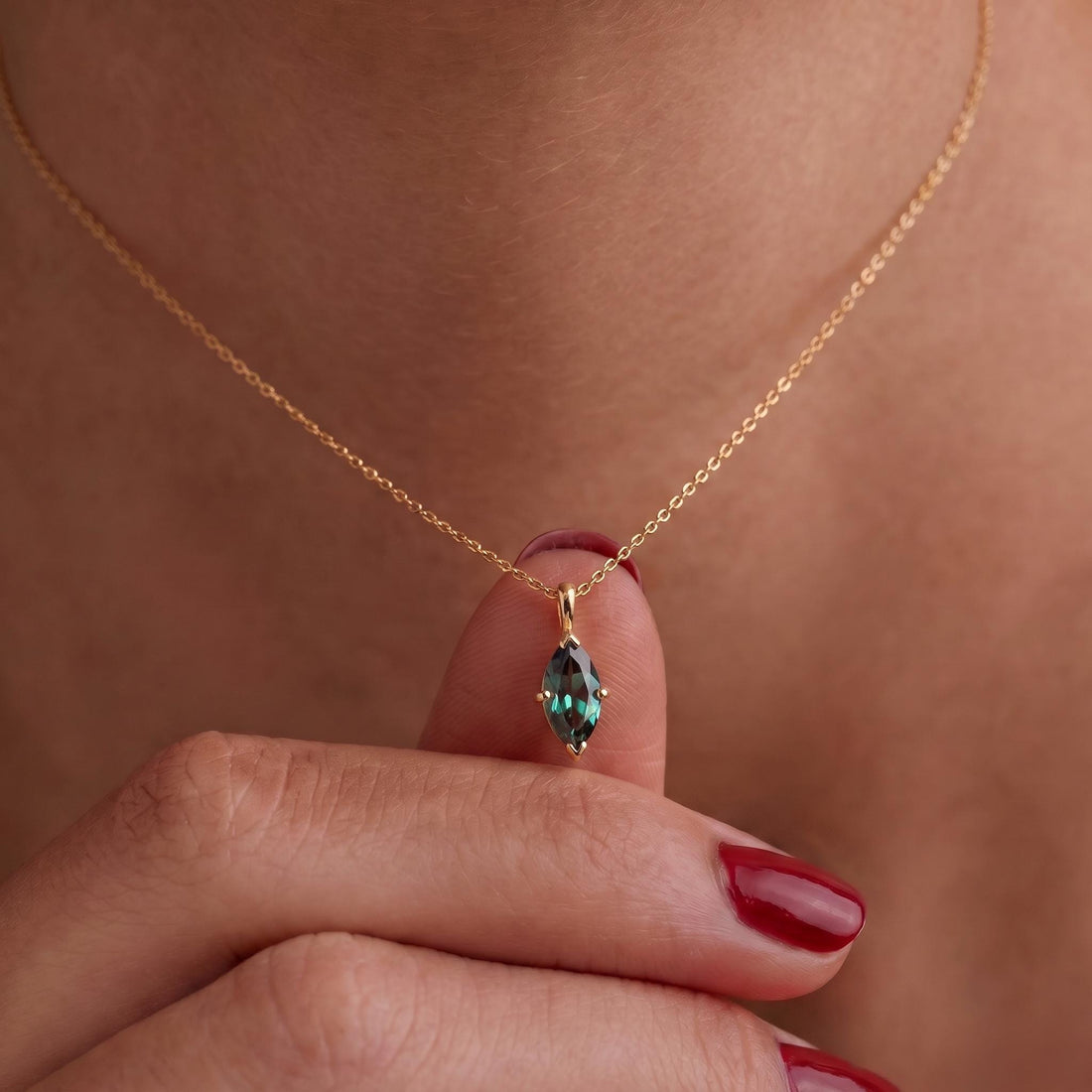 Marquise Alexandrite Necklace | June Birthstone Gift | 14K Gold Color Change Gemstone Pendant | Dainty Unique Gift for Her