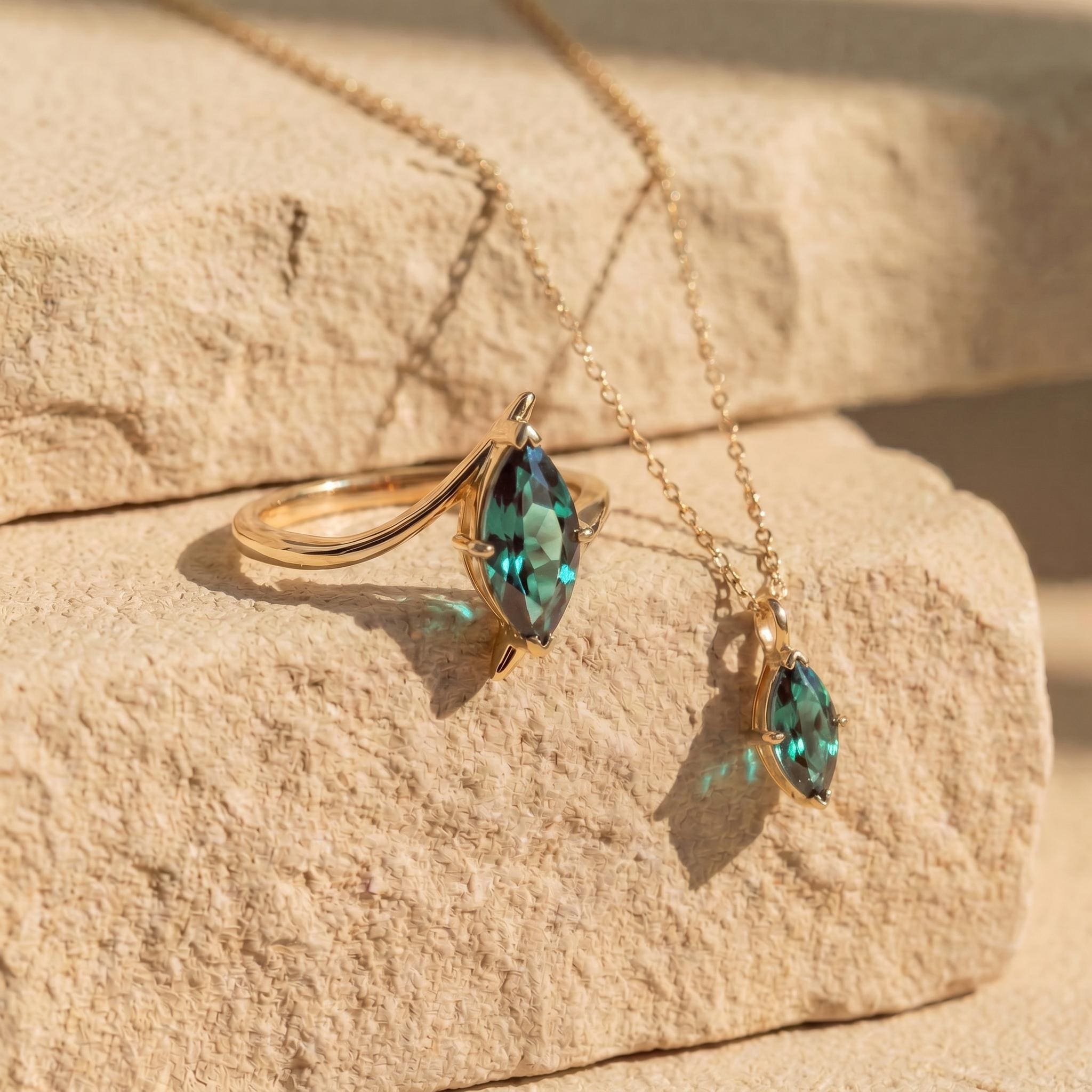 Marquise Alexandrite Necklace | June Birthstone Gift | 14K Gold Color Change Gemstone Pendant | Dainty Unique Gift for Her