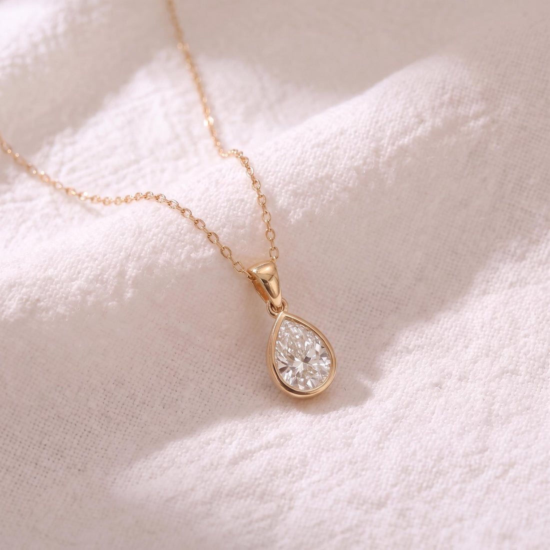 Dainty Pear Moissanite Necklace, Gold Bezel Set Teardrop Pendant, Delicate Solitaire Diamond Alternative, Minimalist Everyday Jewelry Gift