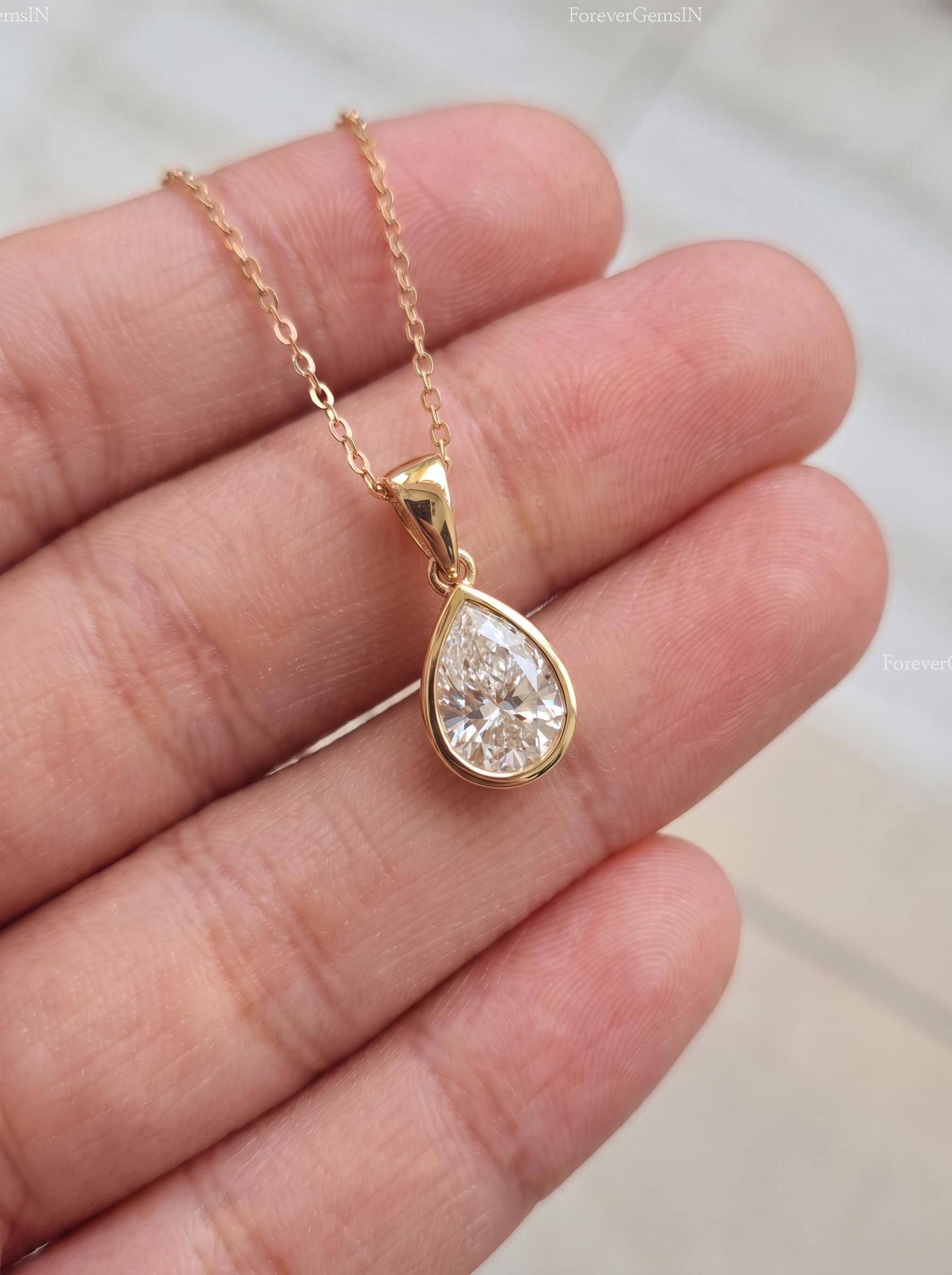 Dainty Pear Moissanite Necklace, Gold Bezel Set Teardrop Pendant, Delicate Solitaire Diamond Alternative, Minimalist Everyday Jewelry Gift