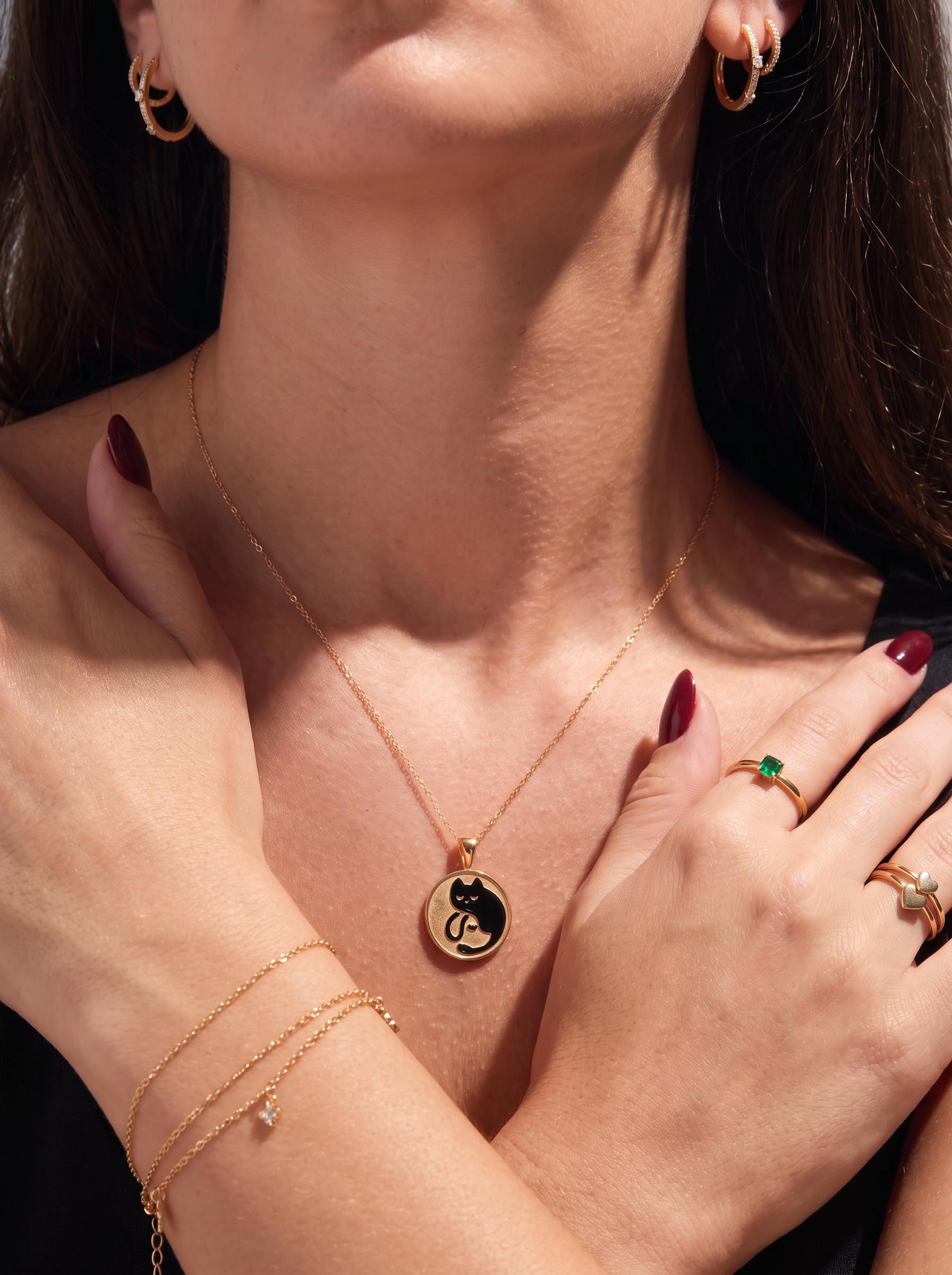 Delicate Gold Cat Dog Yin Yang Layered Necklace | Pet Lover Friendship Charm | Crescent Moon Stackable Animal Jewelry Gift for Her