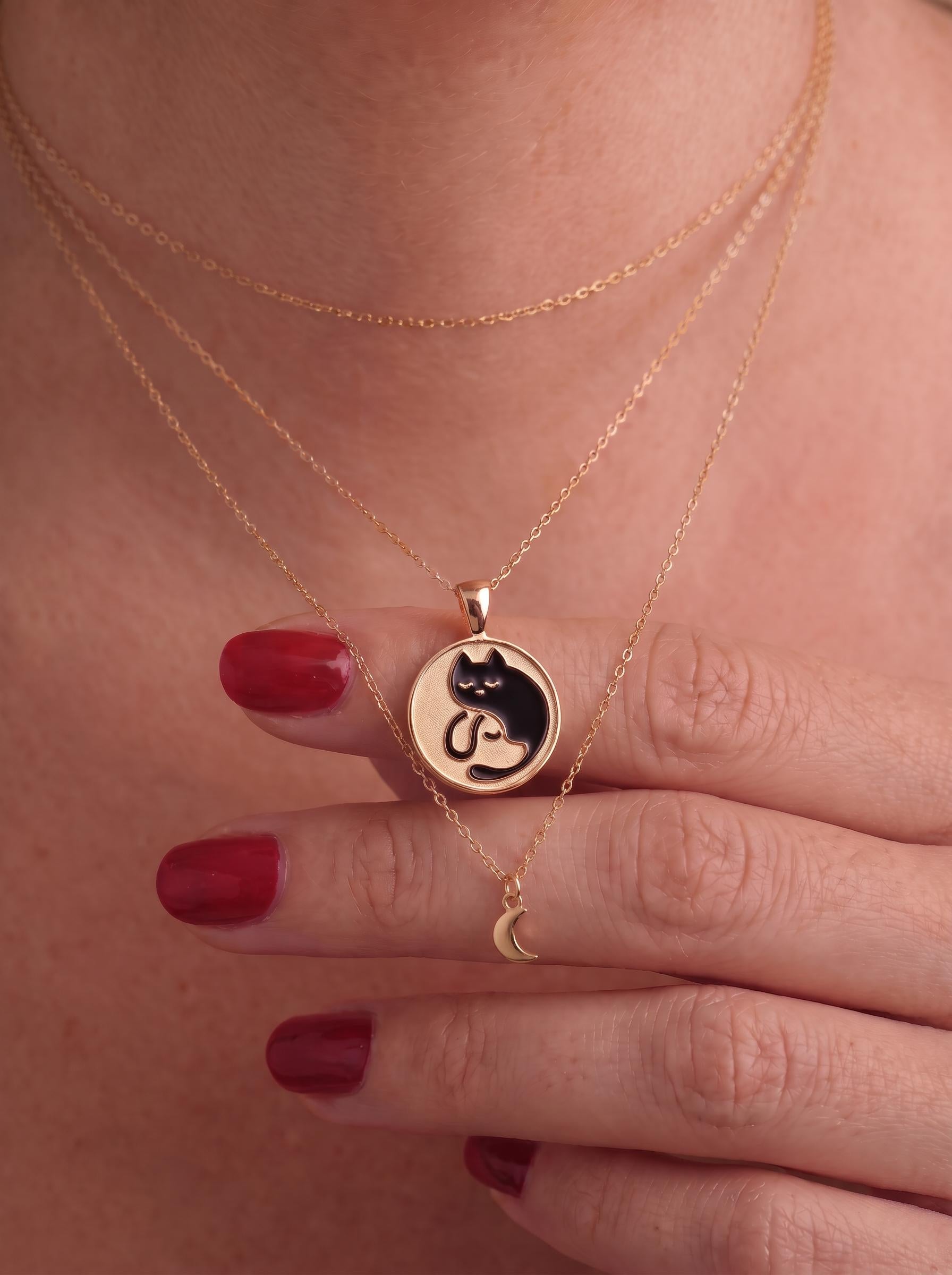 Delicate Gold Cat Dog Yin Yang Layered Necklace | Pet Lover Friendship Charm | Crescent Moon Stackable Animal Jewelry Gift for Her