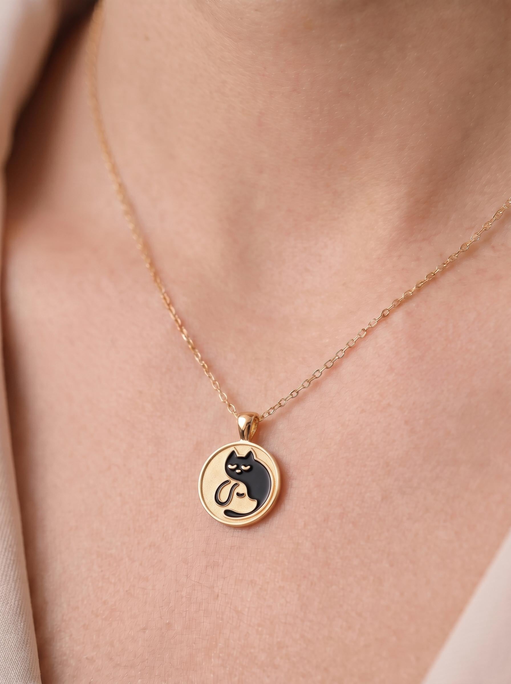 Delicate Gold Cat Dog Yin Yang Layered Necklace | Pet Lover Friendship Charm | Crescent Moon Stackable Animal Jewelry Gift for Her