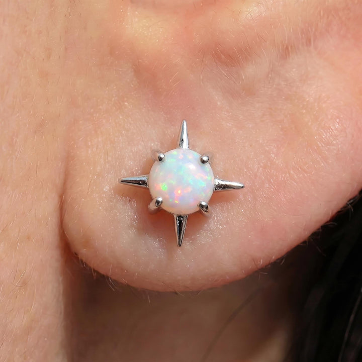 Opal Starburst Stud Earrings Sterling Silver | Celestial Compass Opalite Studs | October Birthstone Everyday Earrings Gift for Her