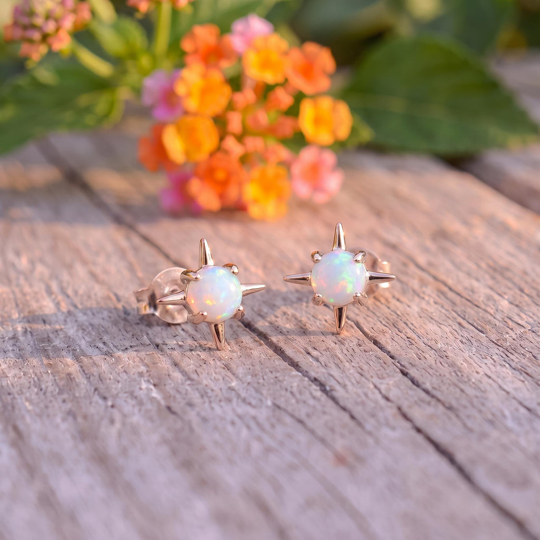 Opal Starburst Stud Earrings Sterling Silver | Celestial Compass Opalite Studs | October Birthstone Everyday Earrings Gift for Her