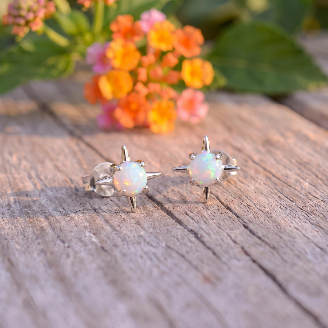 Opal Starburst Stud Earrings Sterling Silver | Celestial Compass Opalite Studs | October Birthstone Everyday Earrings Gift for Her