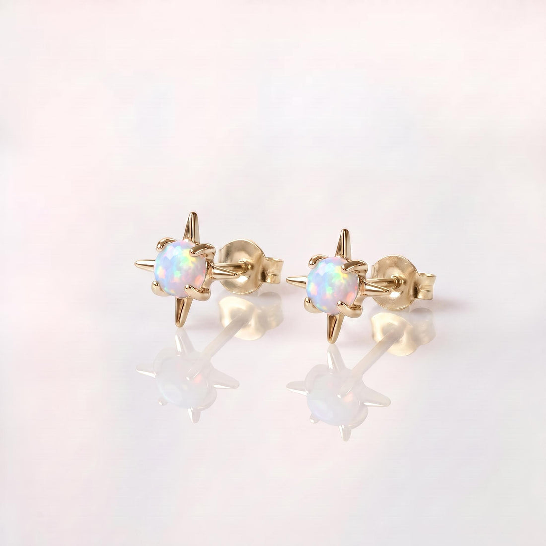 Opal Starburst Stud Earrings Sterling Silver | Celestial Compass Opalite Studs | October Birthstone Everyday Earrings Gift for Her