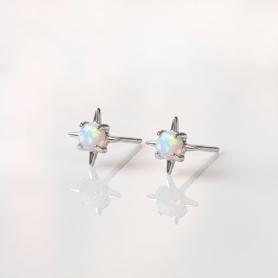 Opal Starburst Stud Earrings Sterling Silver | Celestial Compass Opalite Studs | October Birthstone Everyday Earrings Gift for Her