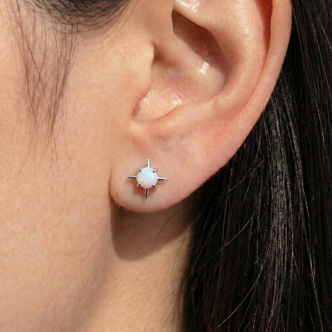 Opal Starburst Stud Earrings Sterling Silver | Celestial Compass Opalite Studs | October Birthstone Everyday Earrings Gift for Her