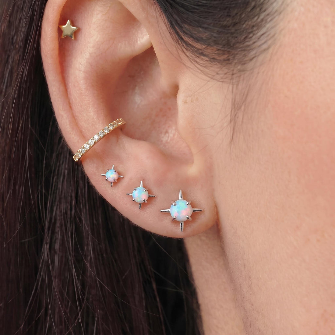 Opal Starburst Stud Earrings Sterling Silver | Celestial Compass Opalite Studs | October Birthstone Everyday Earrings Gift for Her
