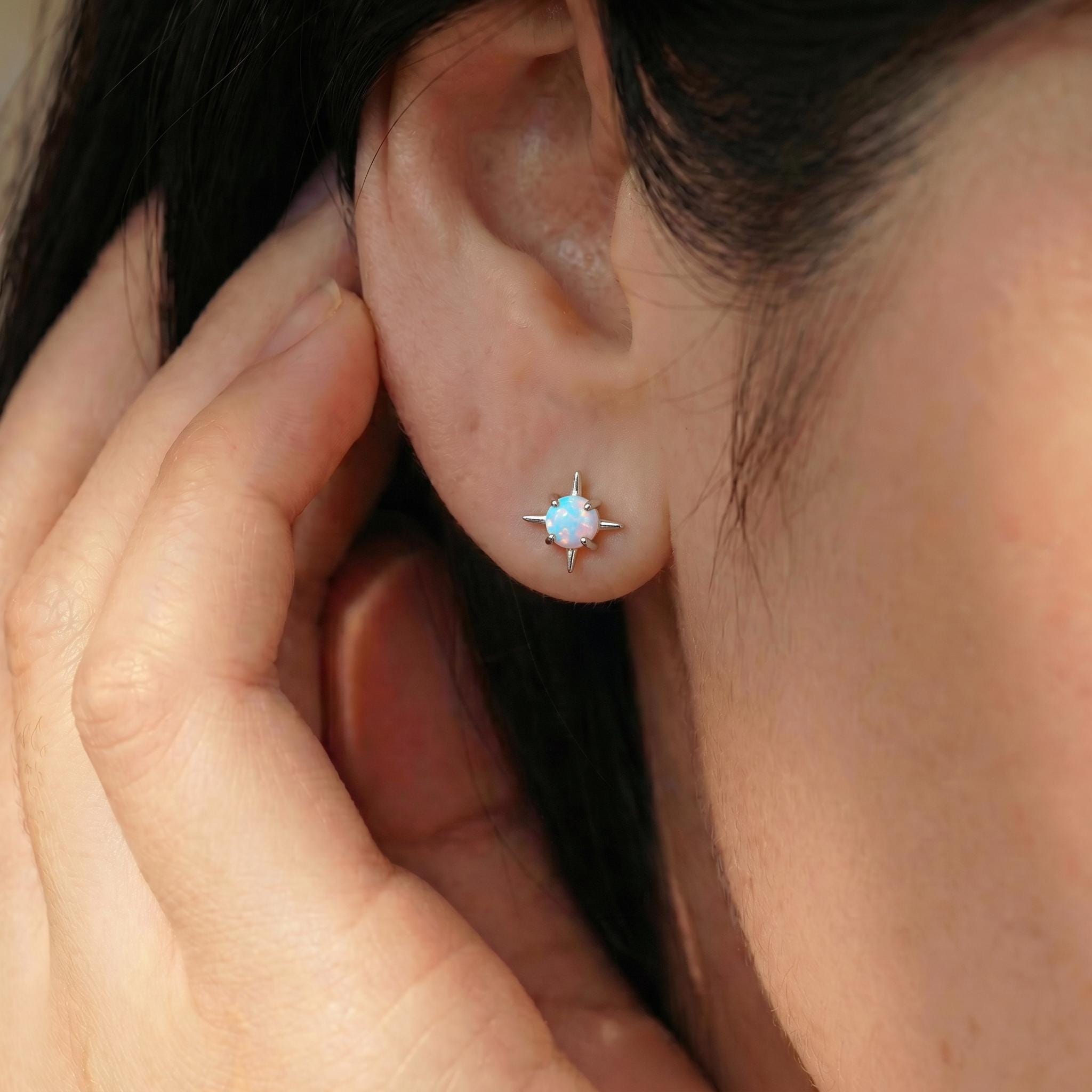 Opal Starburst Stud Earrings Sterling Silver | Celestial Compass Opalite Studs | October Birthstone Everyday Earrings Gift for Her