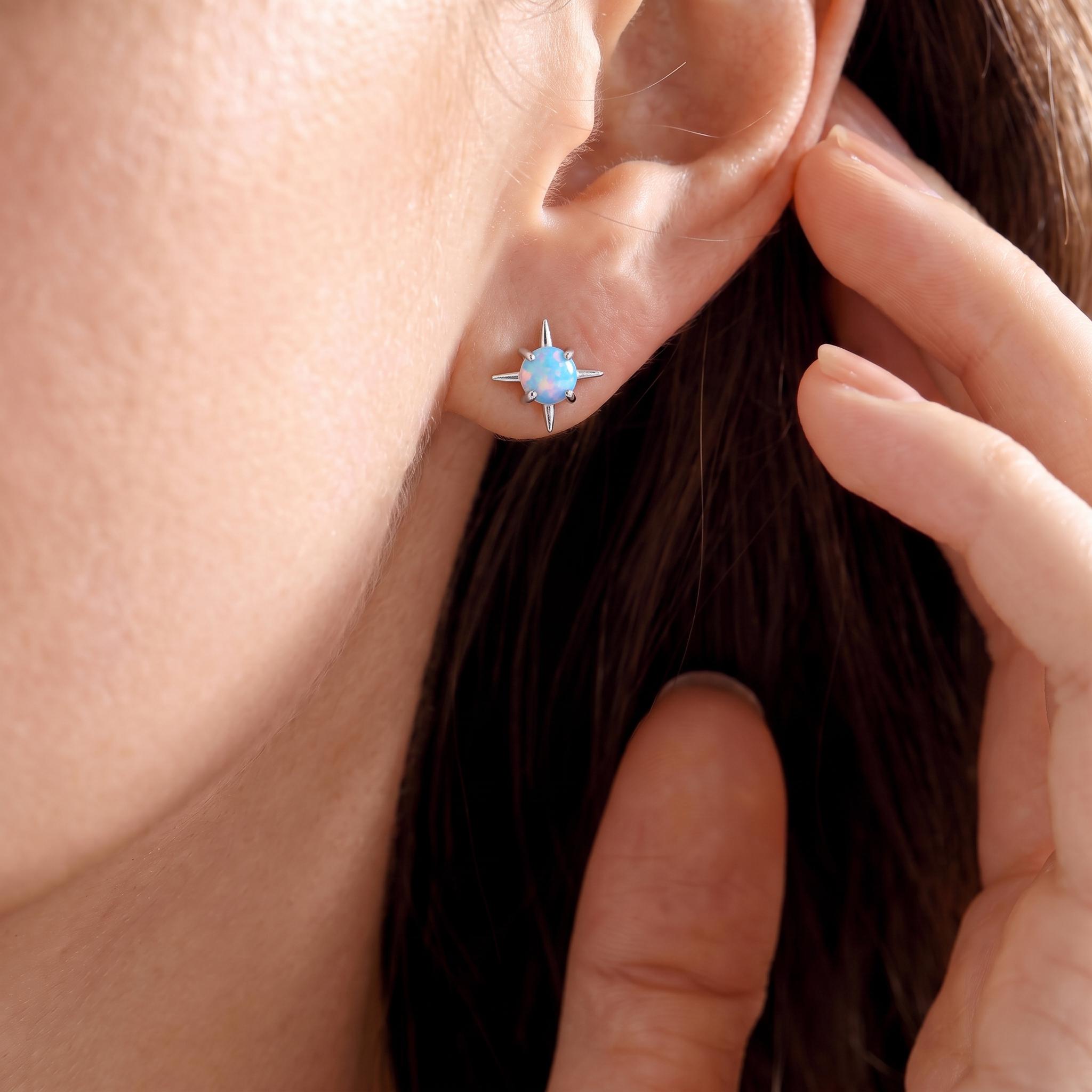 Opal Starburst Stud Earrings Sterling Silver | Celestial Compass Opalite Studs | October Birthstone Everyday Earrings Gift for Her