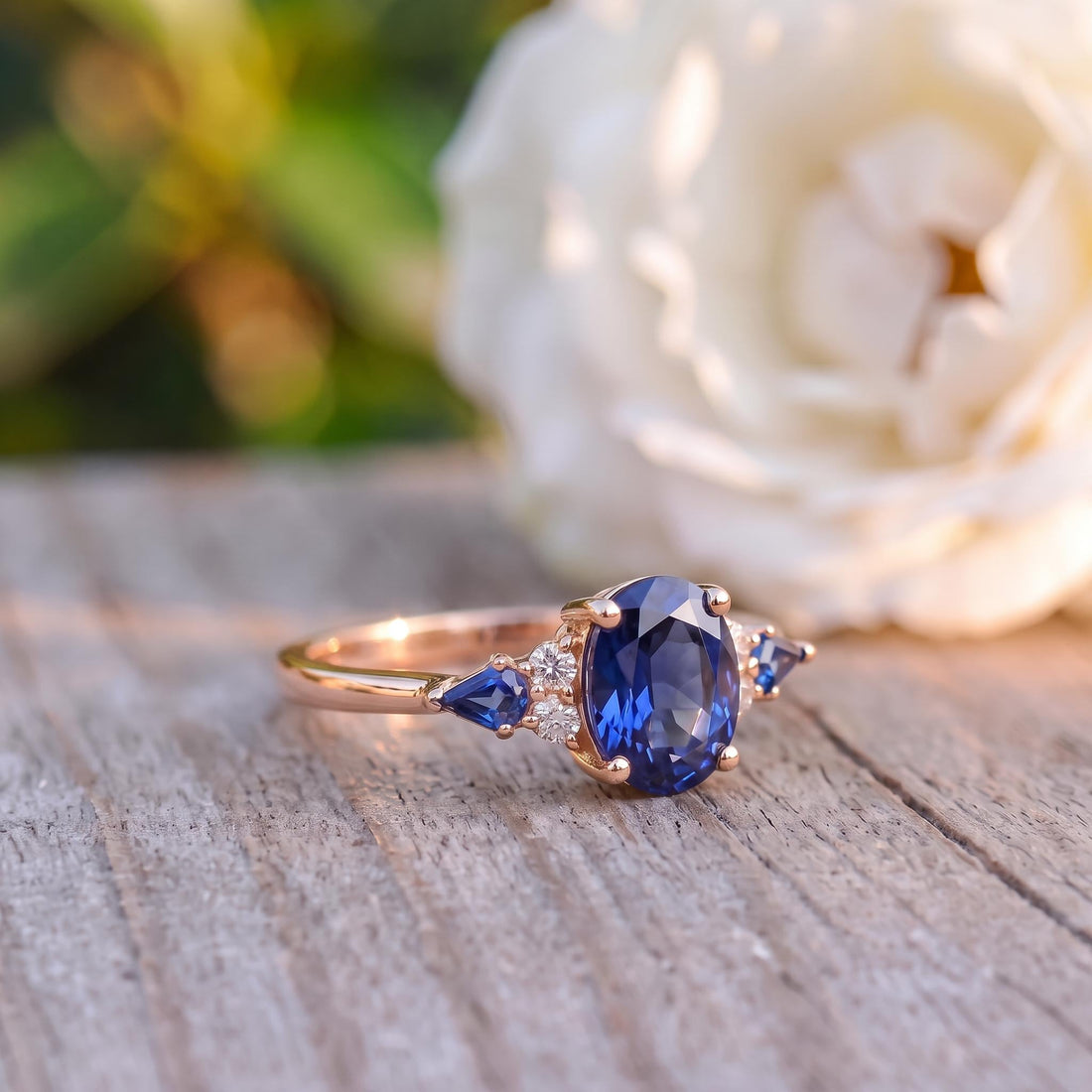 Oval Sapphire Ring for Women | Rose Gold Vintage Cluster Design | Blue Gemstone Anniversary Gift Jewelry