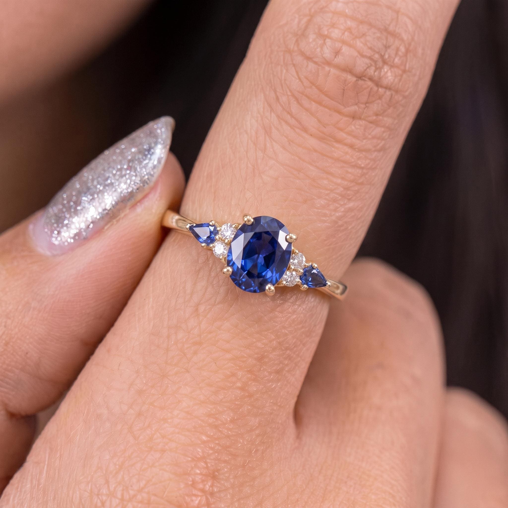 Oval Sapphire Ring for Women | Rose Gold Vintage Cluster Design | Blue Gemstone Anniversary Gift Jewelry