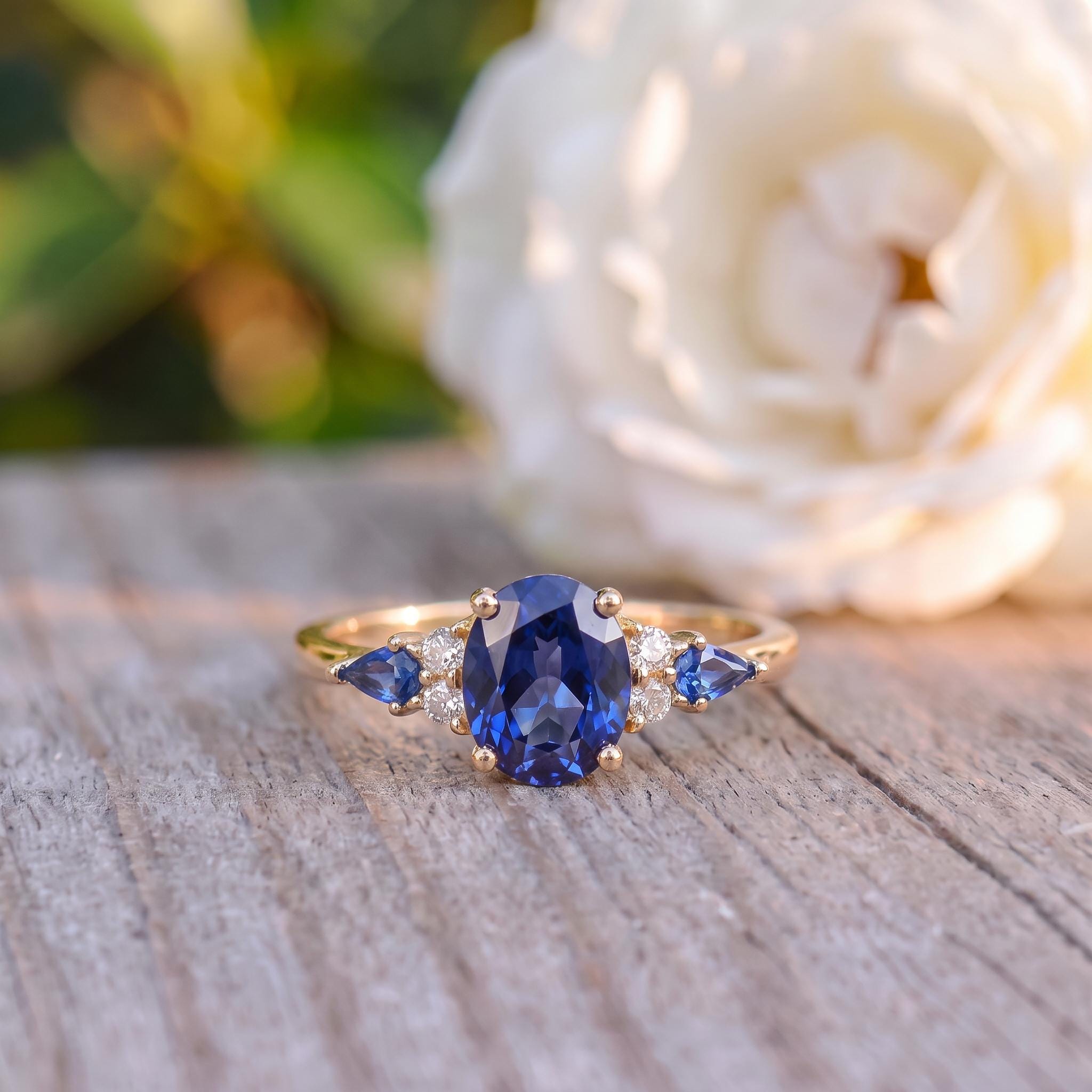 Oval Sapphire Ring for Women | Rose Gold Vintage Cluster Design | Blue Gemstone Anniversary Gift Jewelry