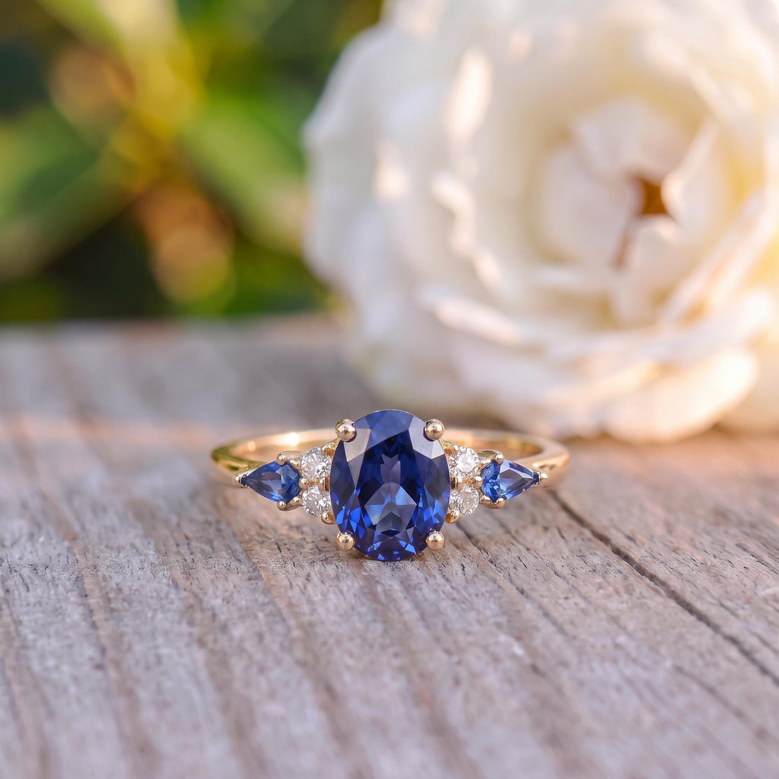 Oval Sapphire Ring for Women | Rose Gold Vintage Cluster Design | Blue Gemstone Anniversary Gift Jewelry