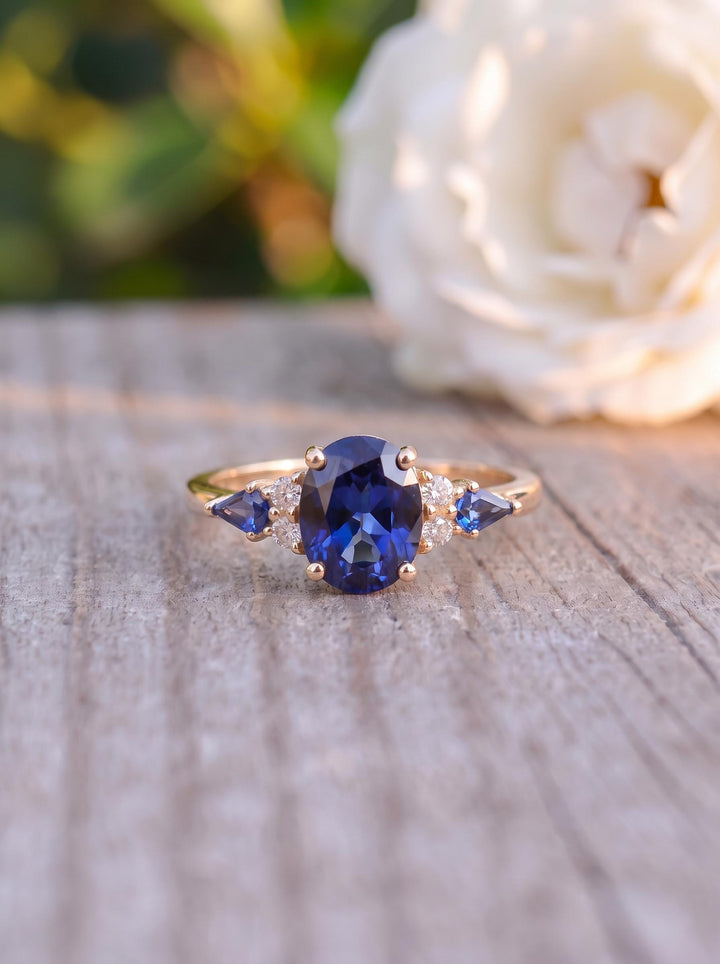 Oval Sapphire Ring for Women | Rose Gold Vintage Cluster Design | Blue Gemstone Anniversary Gift Jewelry