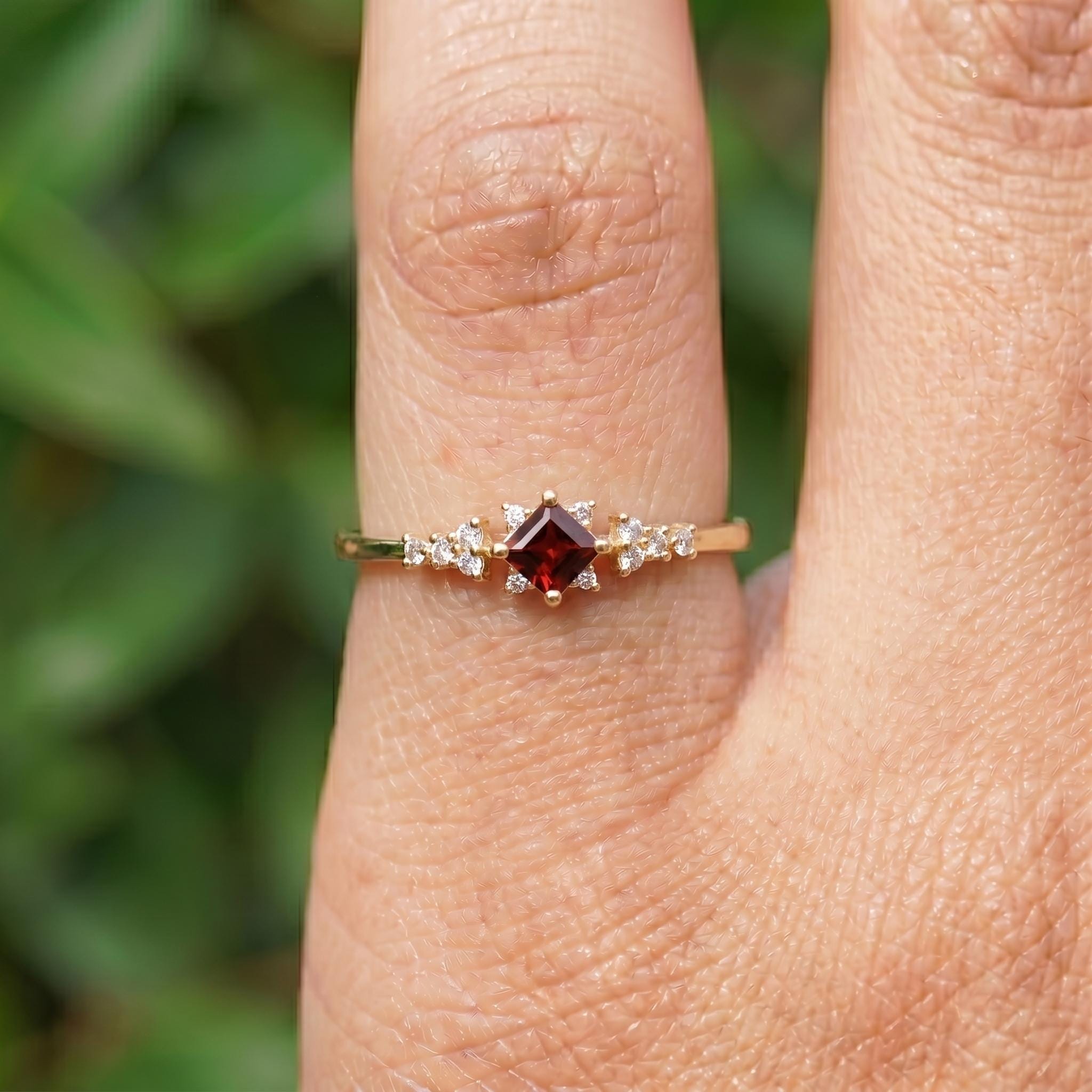 Garnet Engagement Ring, Square Cut Red Garnet & Sparkling Accent Stone Cluster Ring, January Birthstone Gold Ring, Vintage Inspired Promise