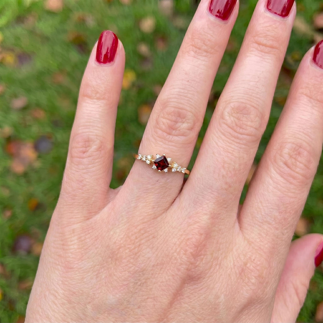 Garnet Engagement Ring, Square Cut Red Garnet & Sparkling Accent Stone Cluster Ring, January Birthstone Gold Ring, Vintage Inspired Promise