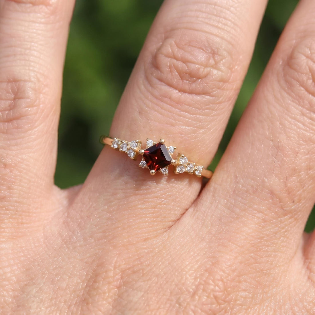 Garnet Engagement Ring, Square Cut Red Garnet & Sparkling Accent Stone Cluster Ring, January Birthstone Gold Ring, Vintage Inspired Promise