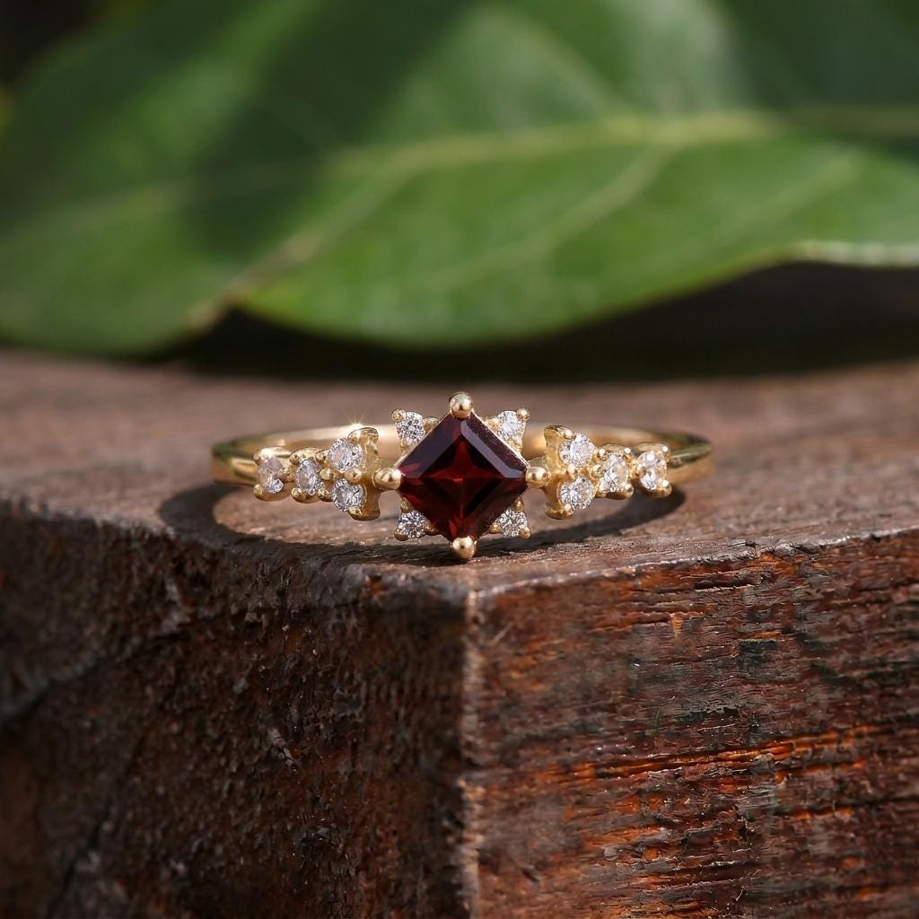 Garnet Engagement Ring, Square Cut Red Garnet & Sparkling Accent Stone Cluster Ring, January Birthstone Gold Ring, Vintage Inspired Promise