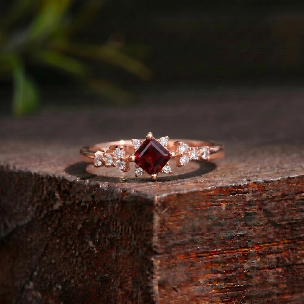 Garnet Engagement Ring, Square Cut Red Garnet & Sparkling Accent Stone Cluster Ring, January Birthstone Gold Ring, Vintage Inspired Promise